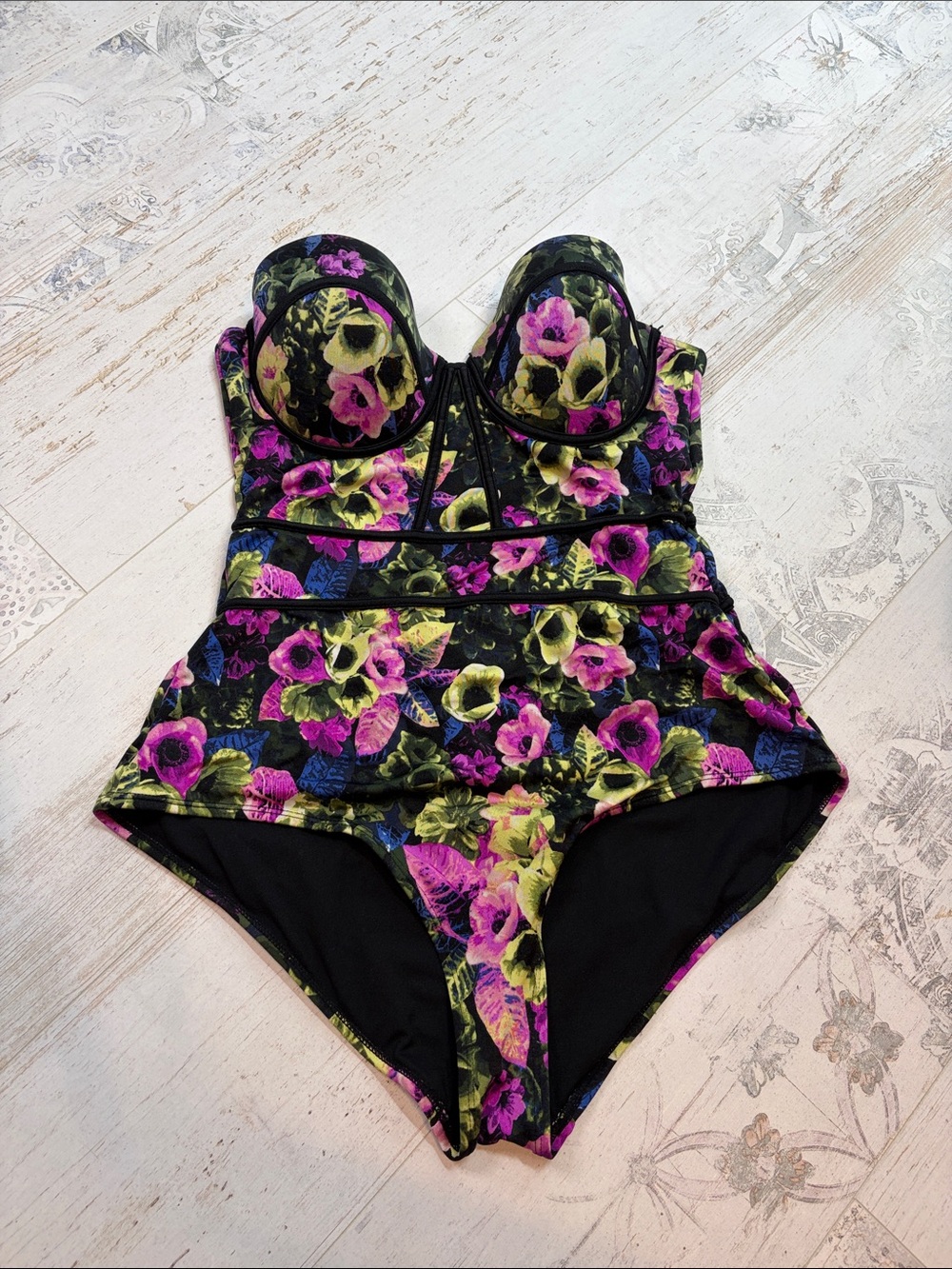 Attention Swimwear Floral Print One Piece Swim Suit Size Large